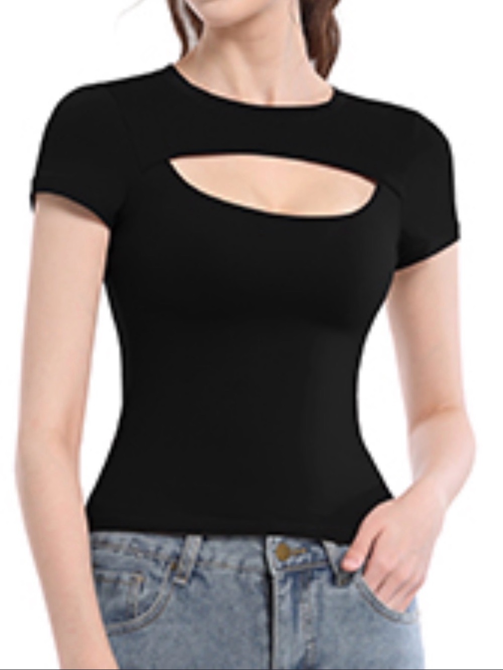 Central Park West Black Short Sleeve Top with Front Cutout